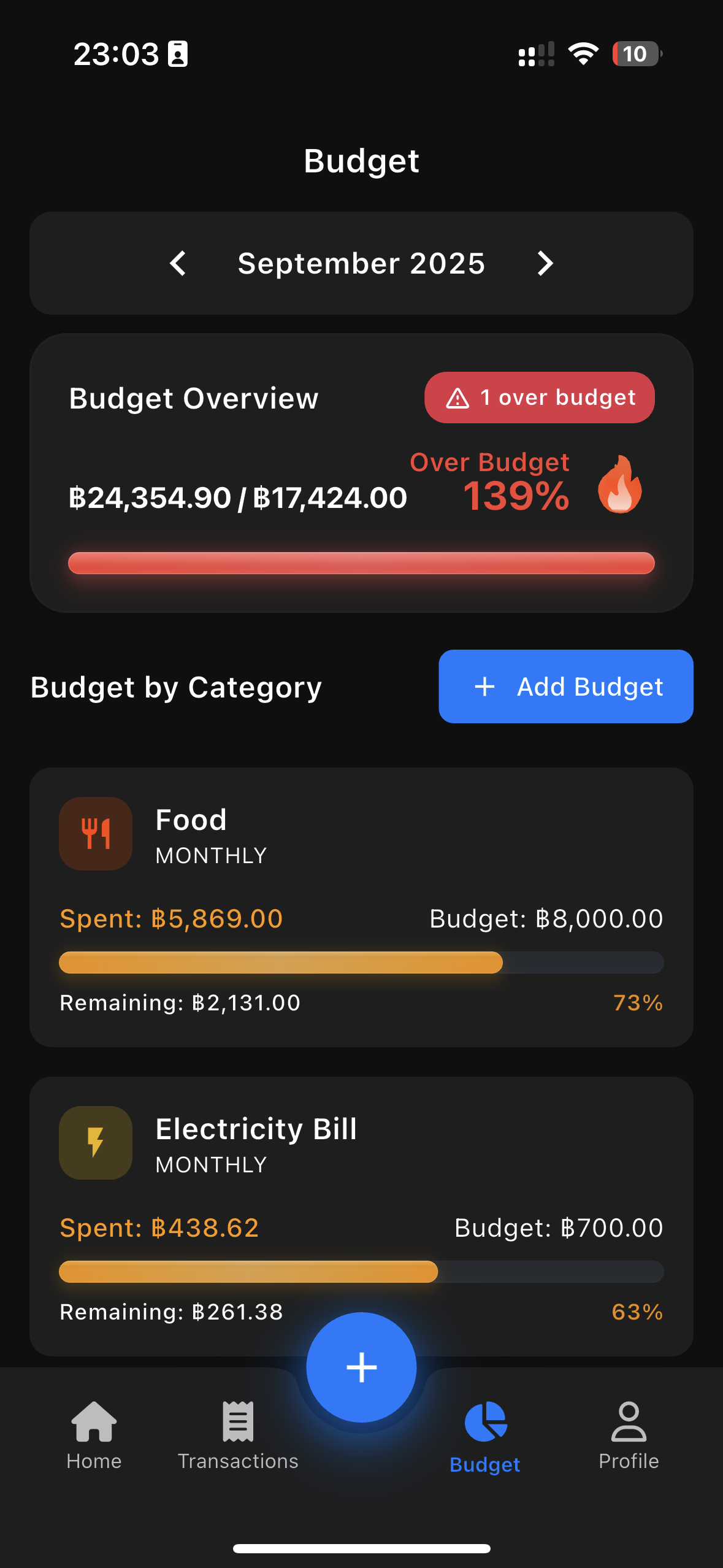 Budget Page Dark Theme